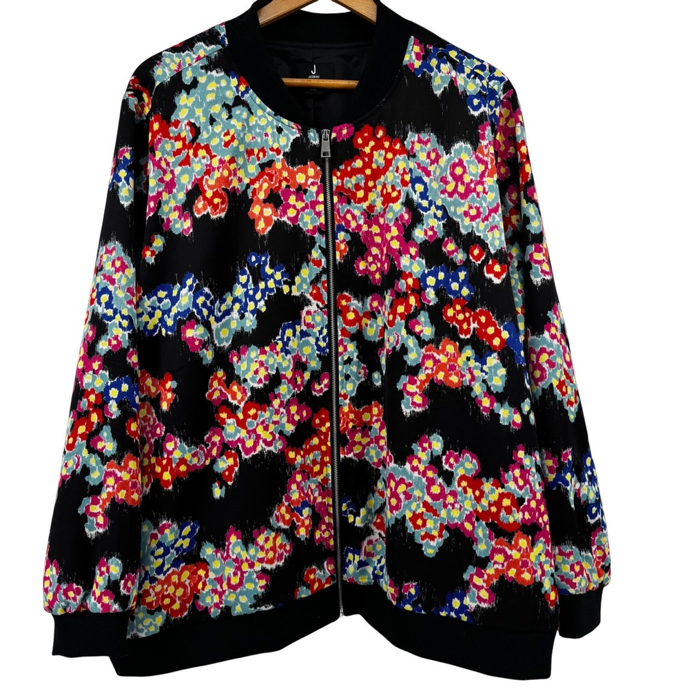 Jason Wu Womens 3X Floral Bomber Jacket Black Multi Abstract Full Zip Pockets